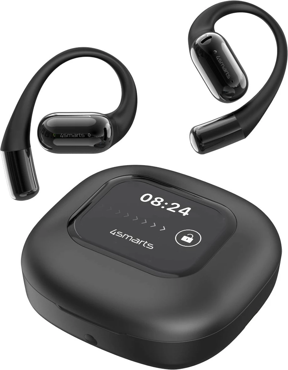 Kufje 4smarts SkyBuds AI Screen, Bluetooth, open-ear, 28h playback, e zezë