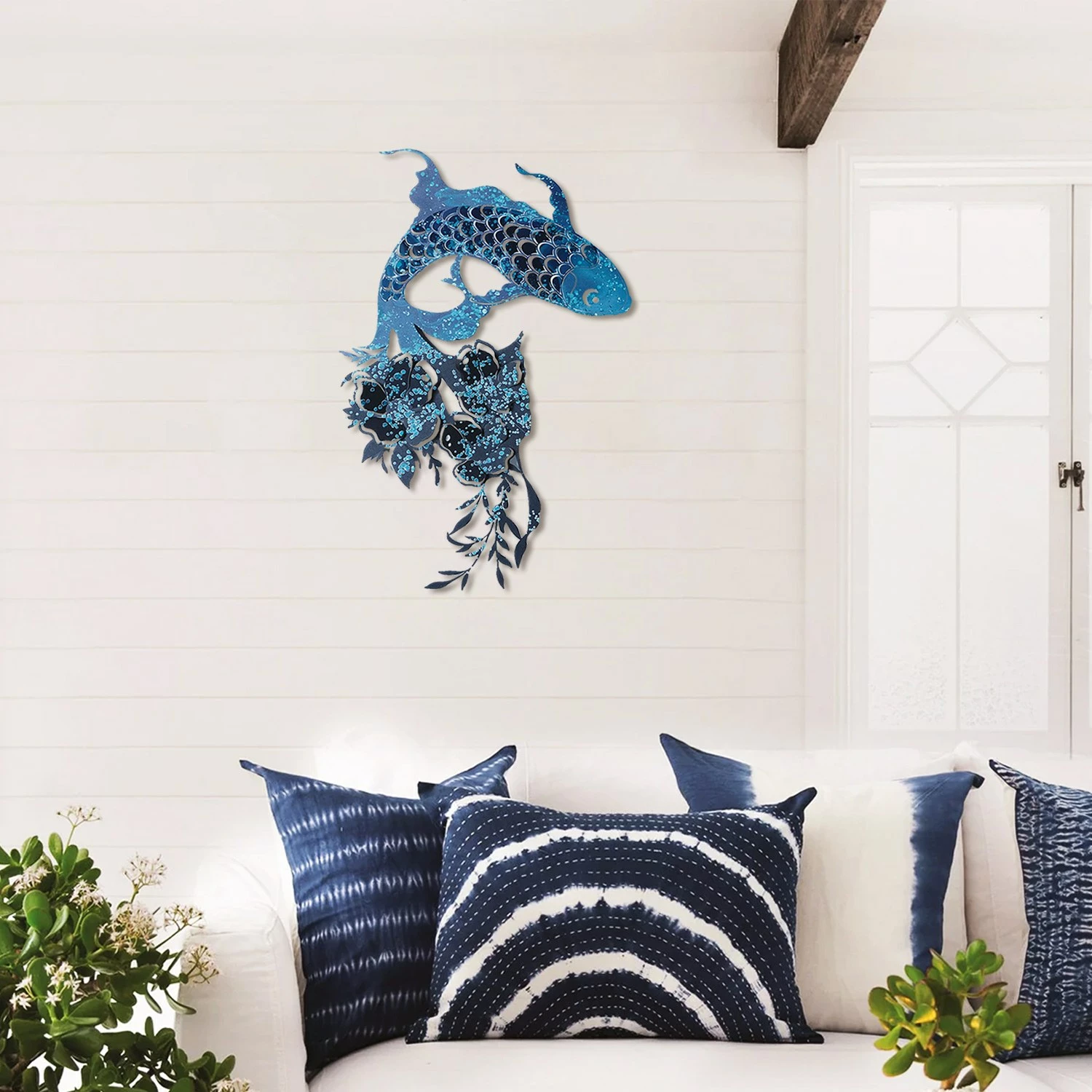 Aksesor dekorativ metalik për mur, Wallity Carpa Koi- APT748 L, ngjyrë kaltër