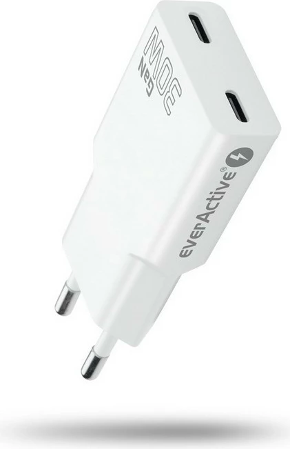 Adapter karikues muri, everActive, SC-385Q, GaN PD 30W, 2x USB-C, super slim, bardhë
