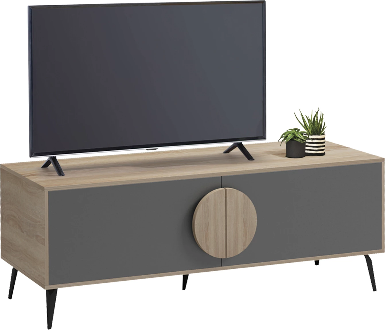 Komodë TV SAVORE, melaminë, sonama/gri, 140x35.5x51cm