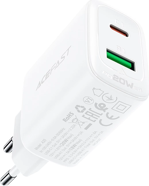 Karikues muri Acefast A25, 20W, USB-C/USB-A, i bardhë