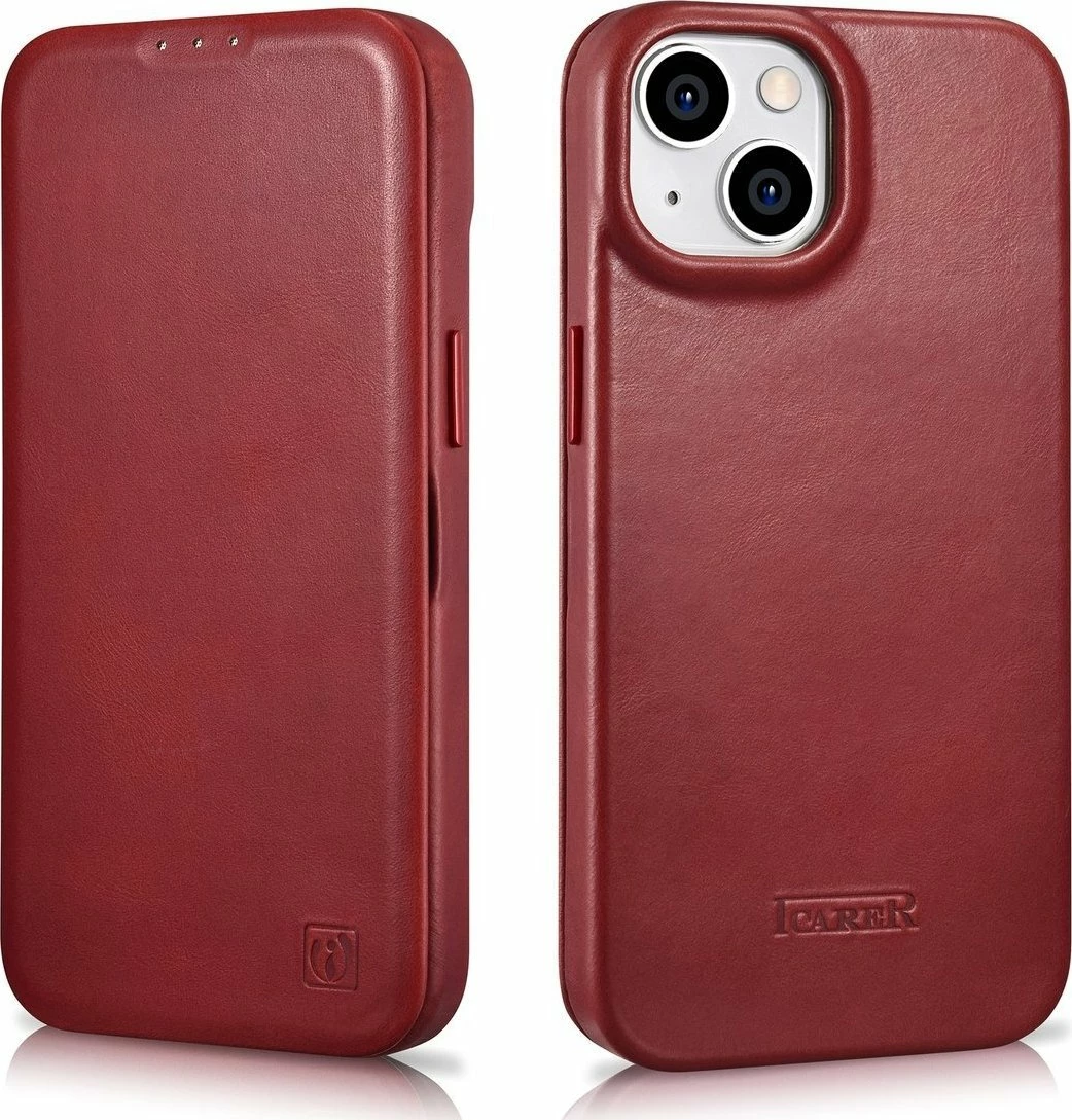 Mbështjellës iCarer CE Oil Wax Premium Leather Folio AKI14220707-RD për iPhone 14 Plus, lëkurë natyrale, me flapa magnetike, MagSafe, kuqe