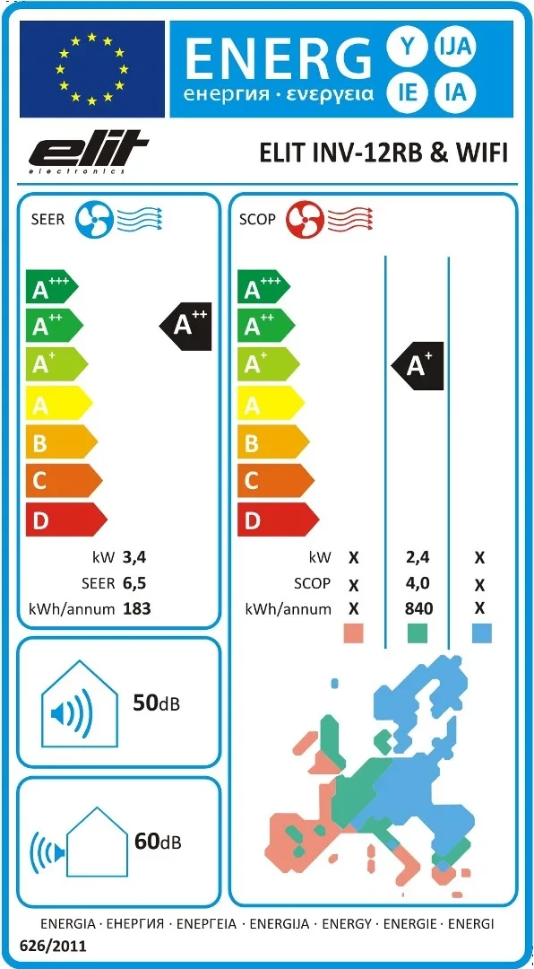 Kondicioner muror, Elit, INV-12RB, 3.5 kW ftohje 3.6 kW ngrohje, Wi‑Fi, inverter, deri 40 m2, A++/A+, split, i zi