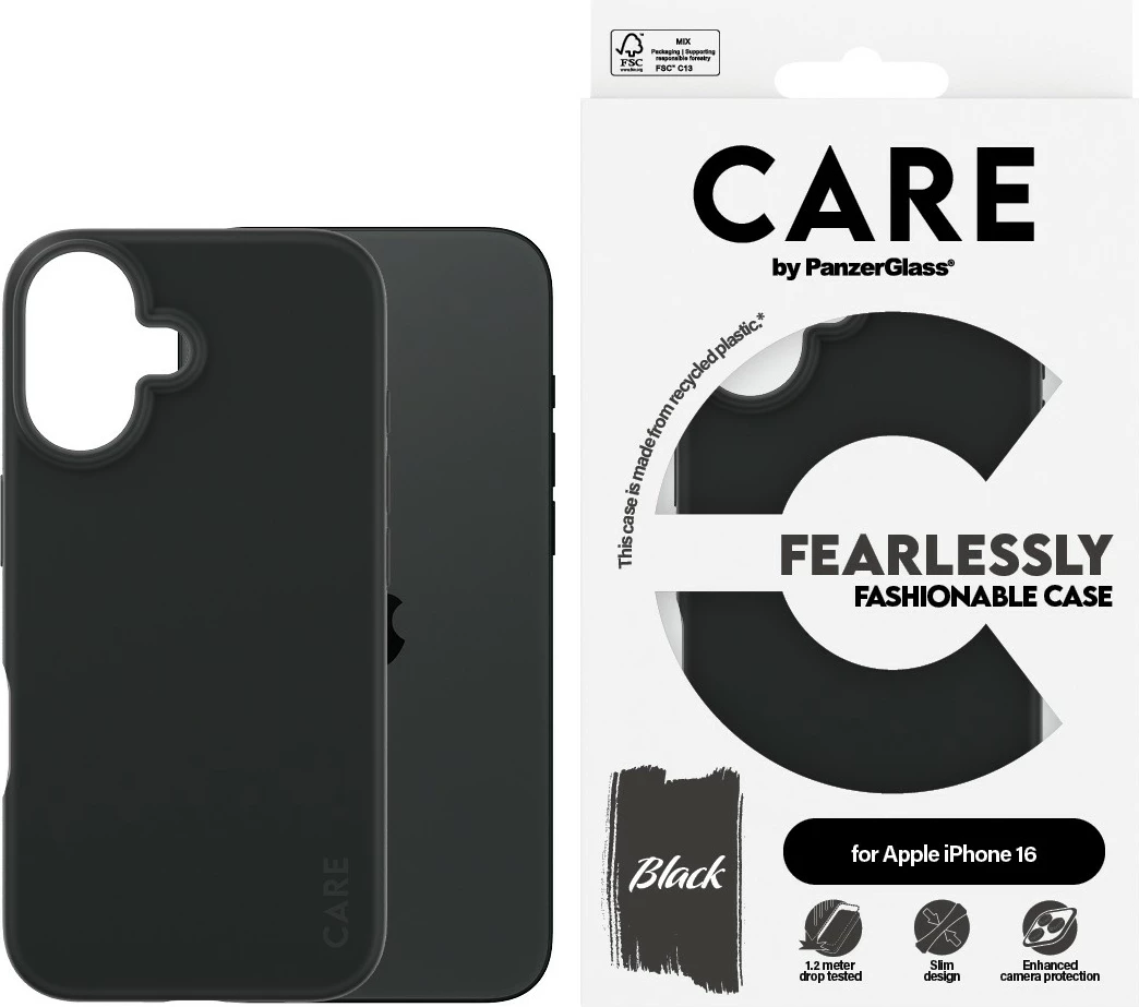 Mbështjellës PanzerGlass CARE Case Fashion iPhone 16, silikon, i zi