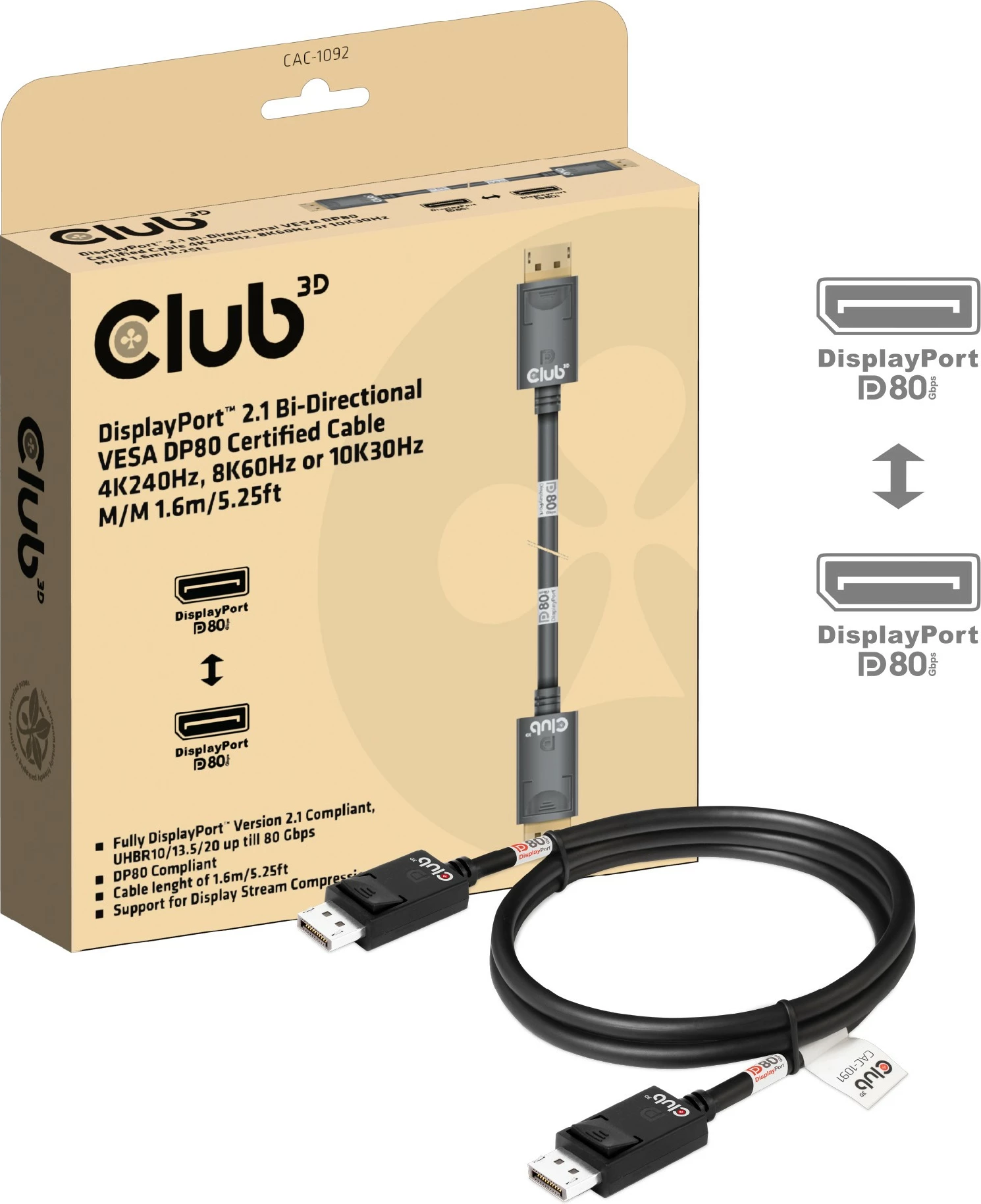 Kabllo DisplayPort Club3D DP-Kabel 2.1 DP80, 1.6m, e zezë