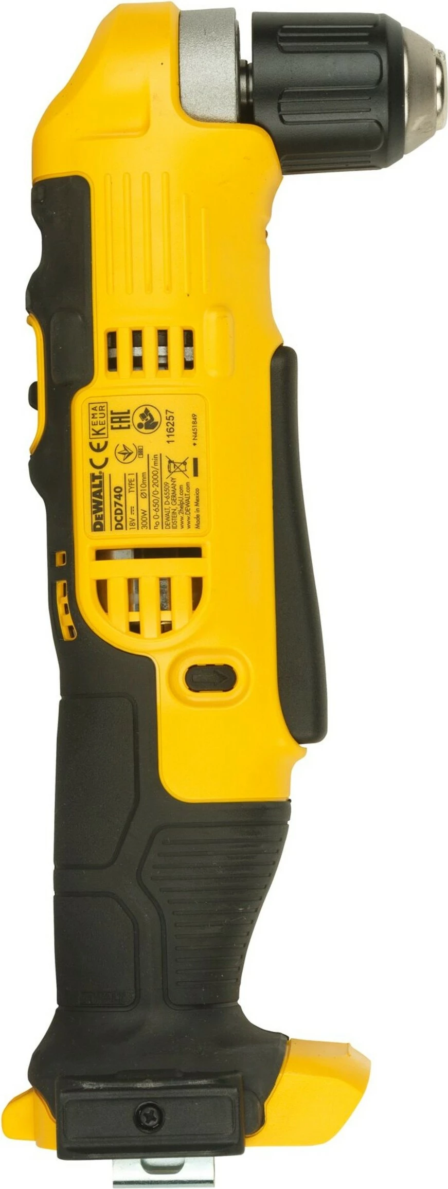 Makineri shpimi këndore DeWALT DCD740NT-XJ, 18V, 1.5Ah, pa çelës, zi/verdhe