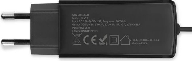 Karikues universal Qoltec 52419, 65W, GaN, USB-C 3.1, i zi