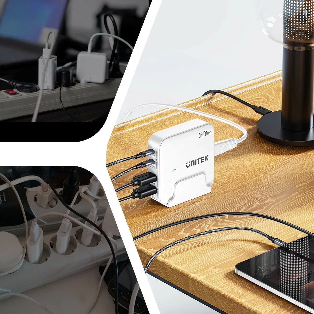 Karikues Unitek GaN 70W 2xUSB-A 2xUSB-C i bardhë