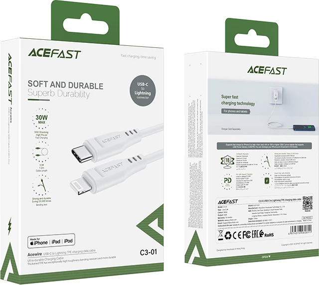 Kabllo Acefast C3-01 USB-C në Lightning, 1.2m, 30W, e bardhë