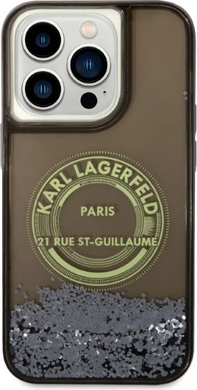Mbështjellës Karl Lagerfeld Liquid Glitter RSG për iPhone 14 Pro, i zi