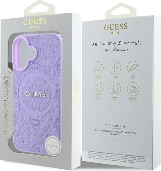 Mbështjellës Guess Saffiano Peony Classic Logo MagSafe për iPhone 16 Plus, vjollcë