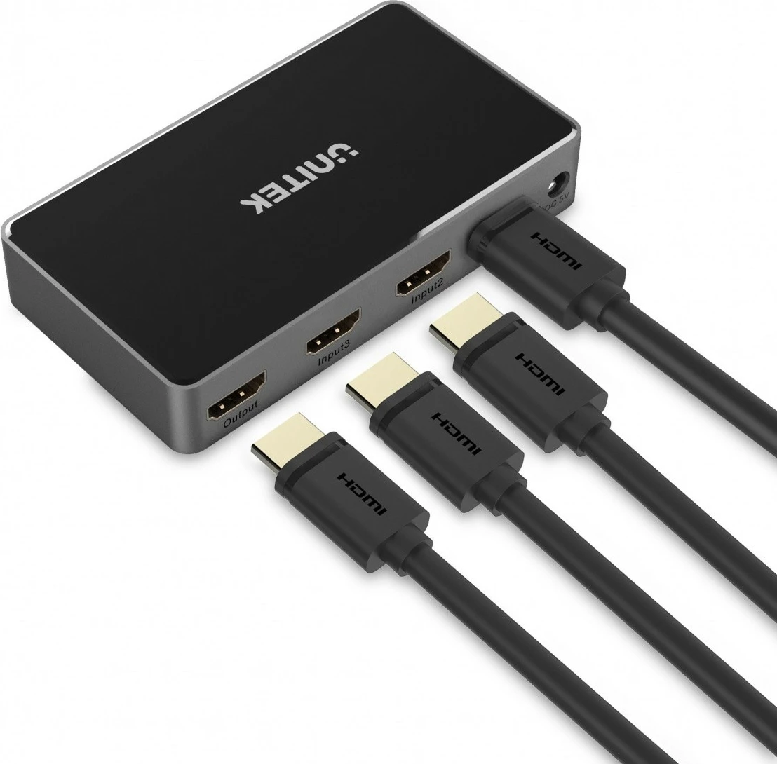 Adapter HDMI Splitter Unitek V1111A, 3 hyrje - 1 dalje, me telekomandë, 4K, Zi/Gri