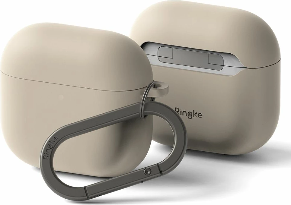 Mbështjellës silikoni Ringke për Apple AirPods 4, Bezhe, me karabiner