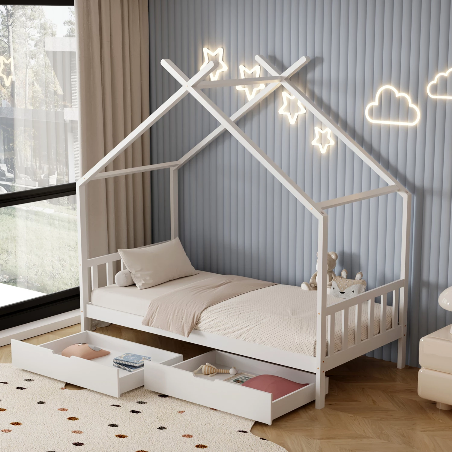 Krevet për fëmijë KLARICE FH680.03 t.MONTESSORI-2 SIRTARË- DRU I FORTË PISHË NË TË BARDHË- 190x90cm