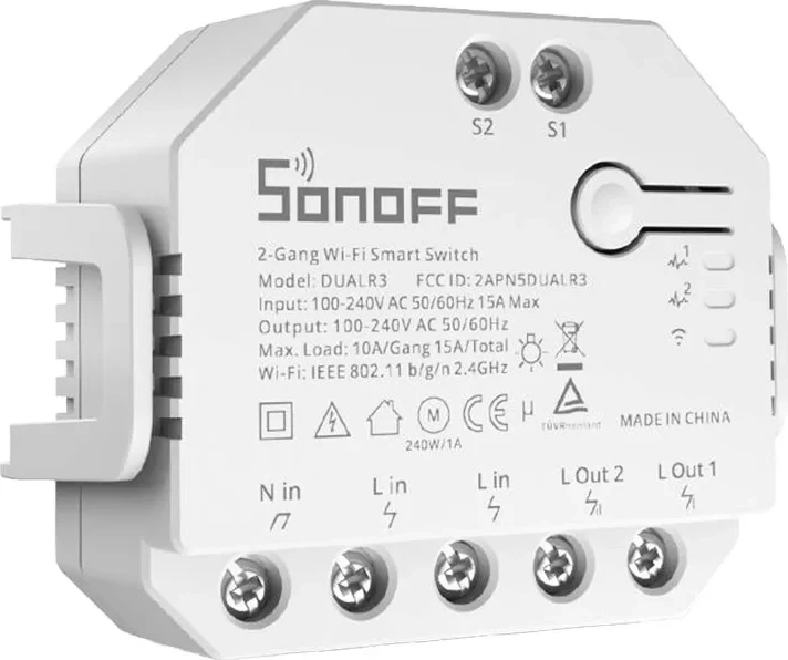 Switch i mençur Sonoff Dual R3, Wi-Fi, 2 kanale, matje e konsumit, i bardhë