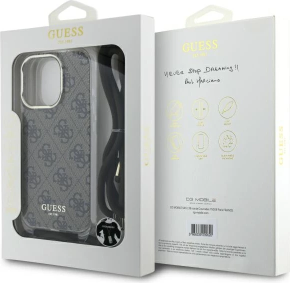 Mbështjellës Guess Crossbody Cord 4G Print për iPhone 16 Pro, Kafe