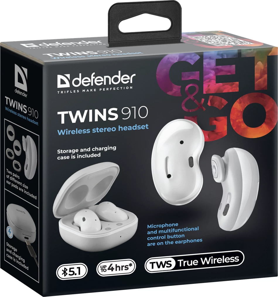 Kufje Defender Twins 910 63910, Bluetooth True Wireless, me mikrofon, kasë karikimi 300 mAh, të bardha, me 2 palë maja silikoni