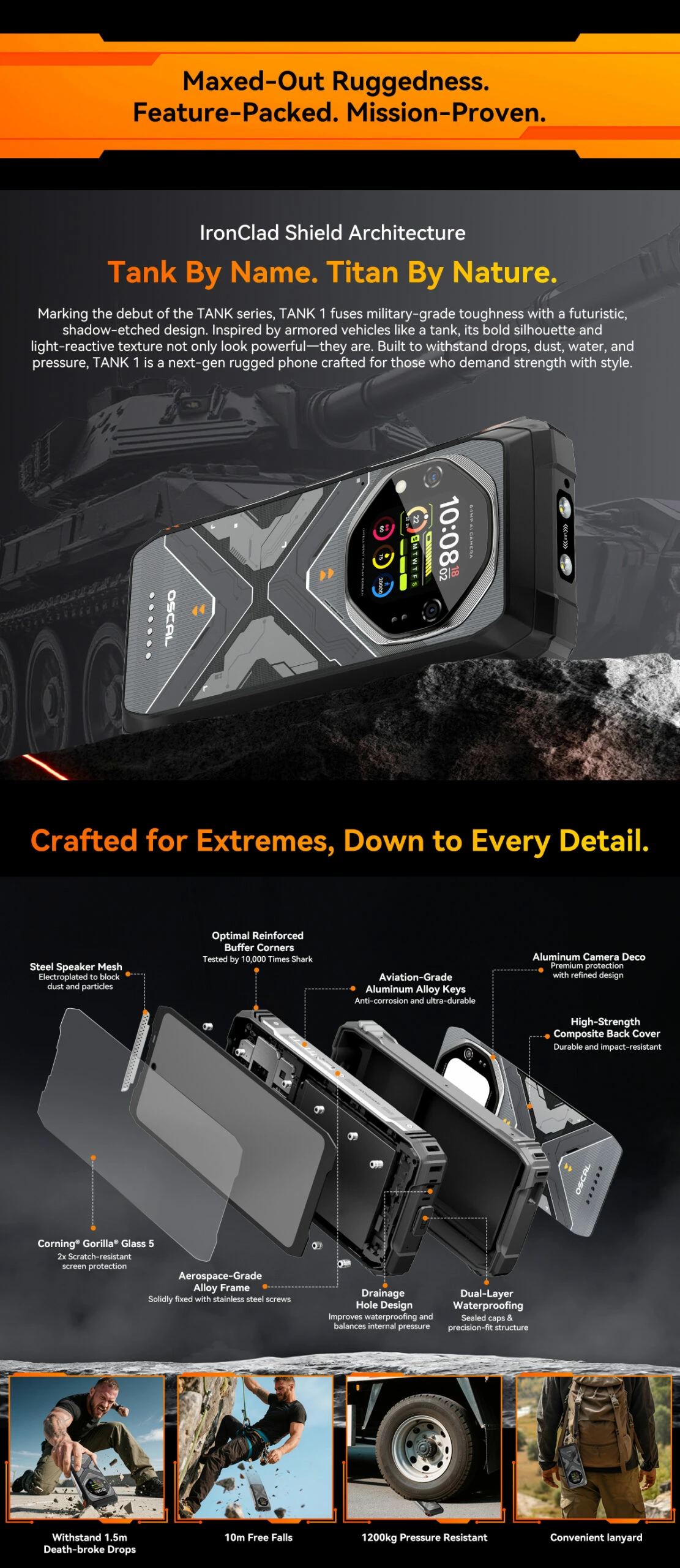Celular rugged Oscal Tank 1 16GB RAM + 512GB 5G 20000mAh, i zi
