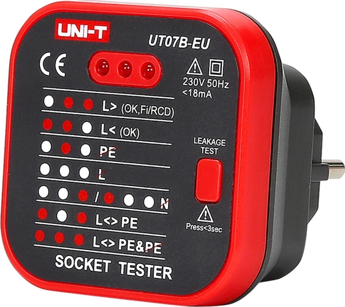 Tester prizash me RCD, UNI-T UT07B-EU, 230 V, 50–60 Hz, kuqe/zezë