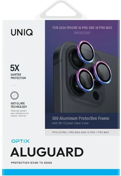 Mbështjellës lente kamere UNIQ Optix për iPhone 16 Pro / 16 Pro Max, alumini, xham 9H, iridescent