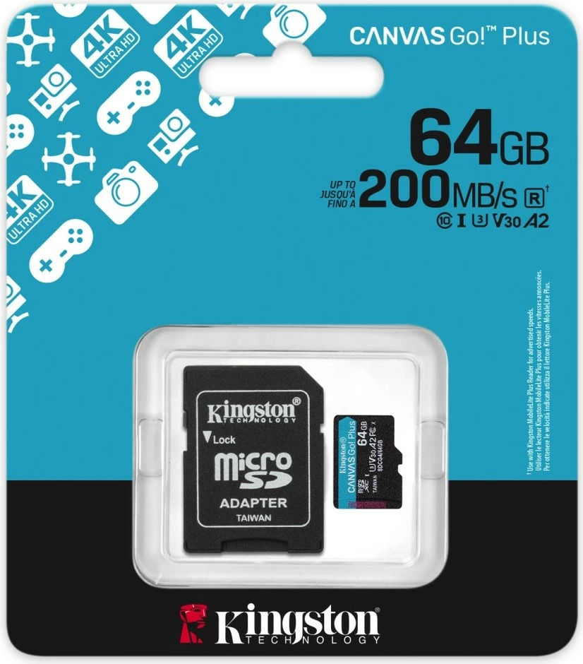 Kartelë memorie microSD Kingston Canvas Go! Plus 64GB me adapter SD