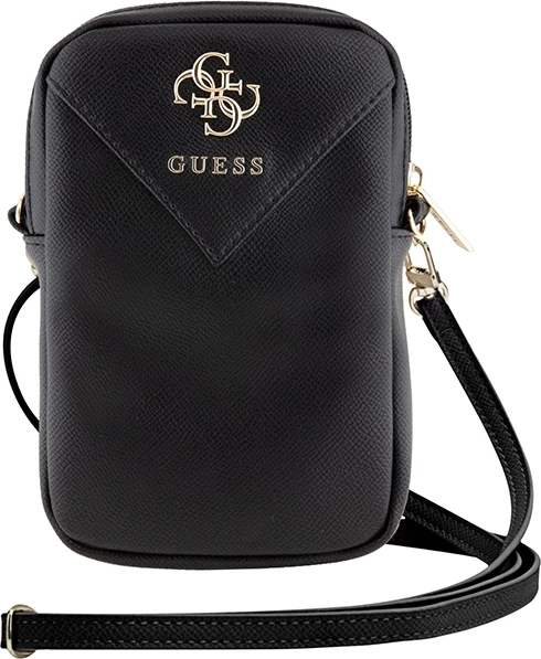 çantë për celular, Guess, ZIP Leather Triangle 4G, eko-lëkurë, 19x12x3.8 cm, rrip i rregullueshëm, e zezë