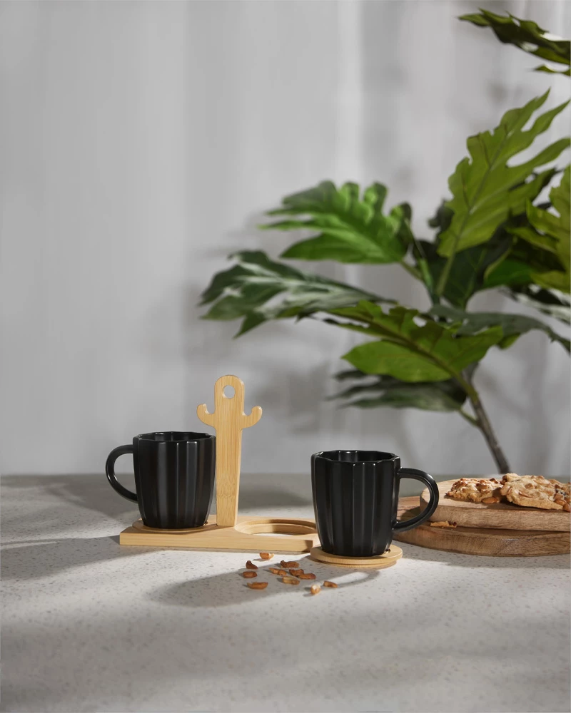 Set filxhanësh espresso Cactus, porcelan i zi, bambu natyral, 2 copë, 20x12x17cm
