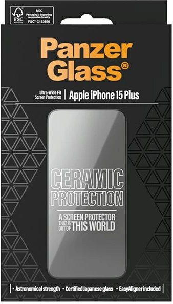 Mbrojtës ekrani qelq-keramik PanzerGlass për iPhone 15 Plus me kornizë pozicionimi