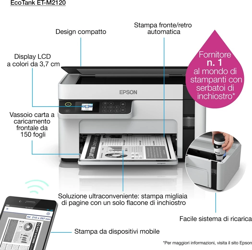 Printer Epson EcoTank M2120, Inkjet, Wi-Fi, Bardhë