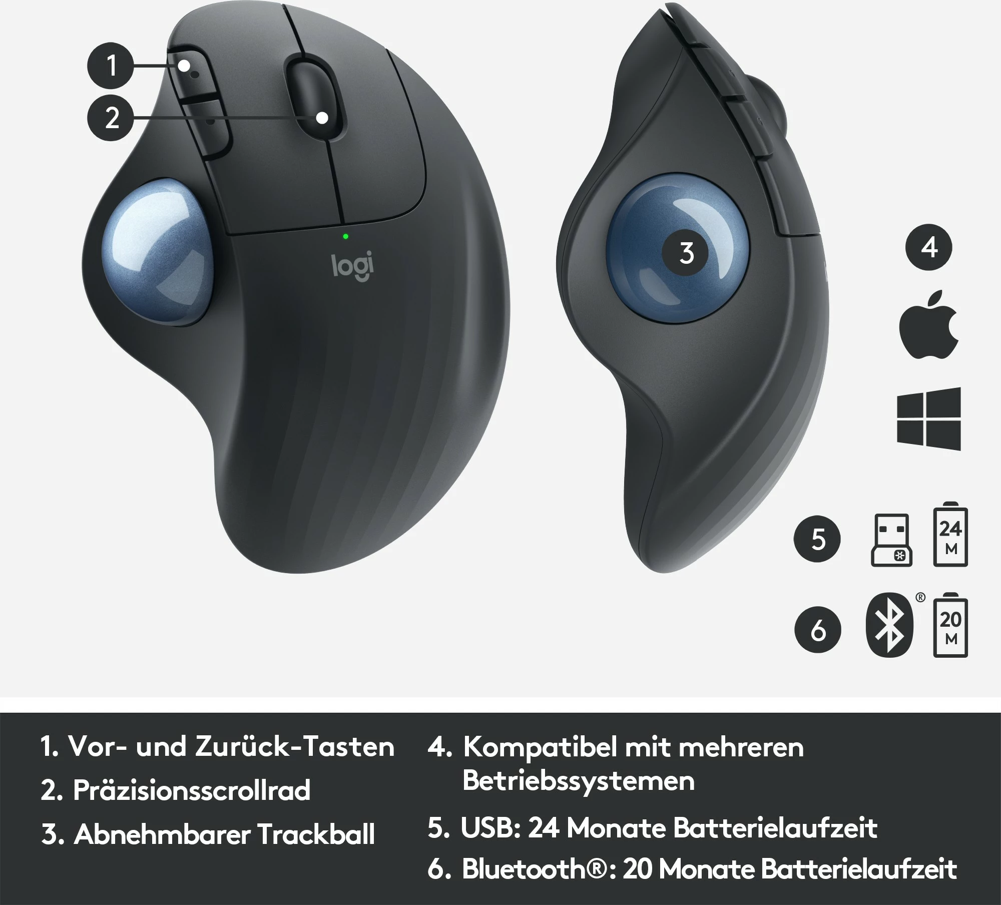 Maus Logitech ERGO M575 Wireless Trackball, 2000 DPI, Grafit