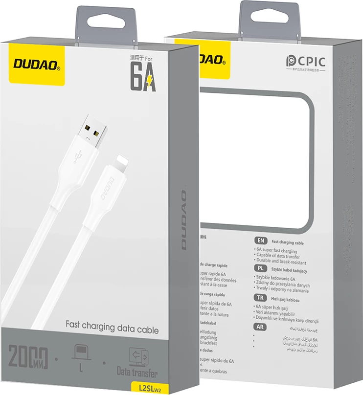 Kabëll karikimi dhe të dhënash Dudao L2sL USB-A në Lightning 1.2 m 6A USB 2.0, bardhë