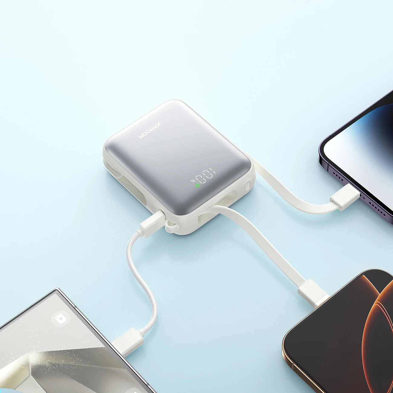 Powerbank Joyroom JR-PBF27, 10000mAh, 22.5W, me kabllo USB-C dhe Lightning të integruara, Bardhë