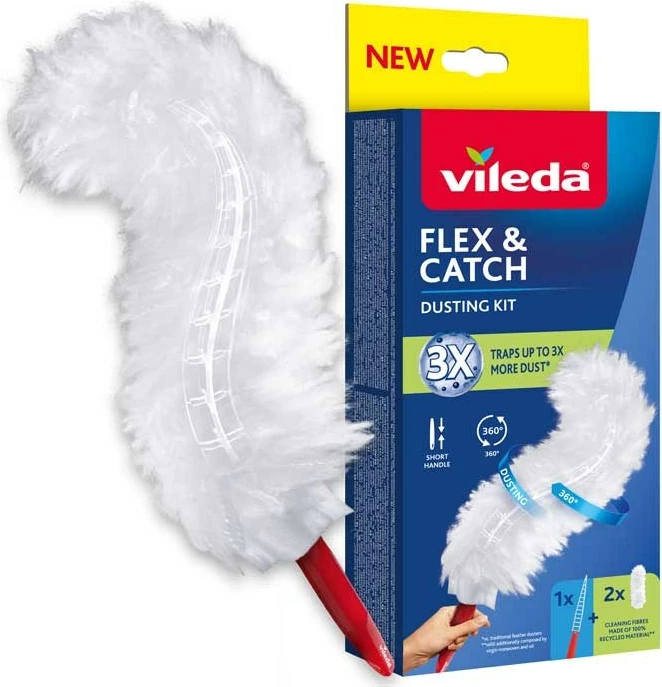 Set lopatë pluhuri Vileda Flex&Catch me dorezë të shkurtër dhe 2 mbushje rezervë, Bardhë