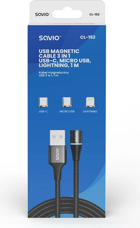 Kabllo magnetik USB Savio CL-152, 1m, 3 konektorë (Type-C, Micro, Lightning), Zi