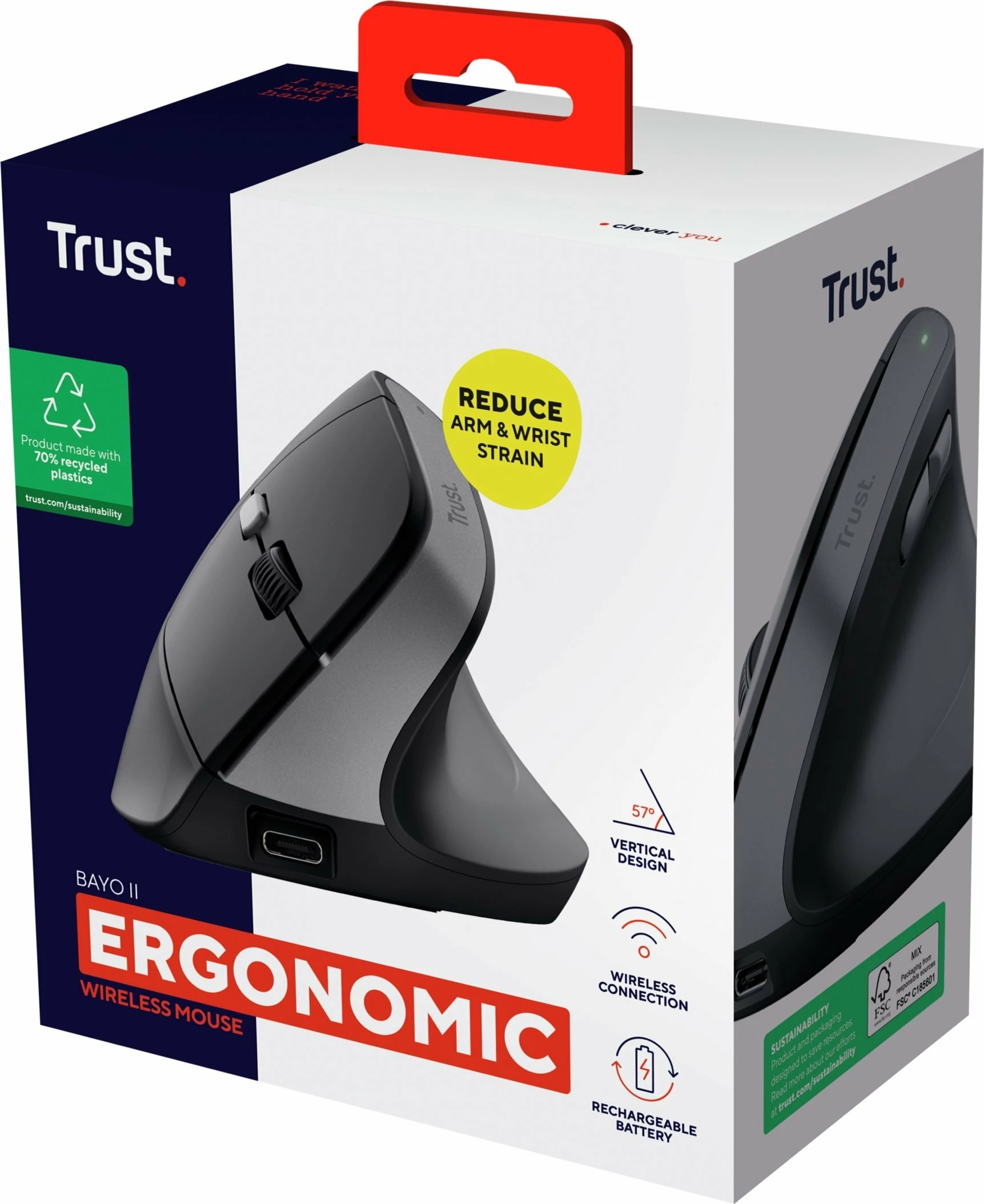 Maus ergonomik vertikal Trust Bayo II 25145, 2400 DPI, wireless, i zi