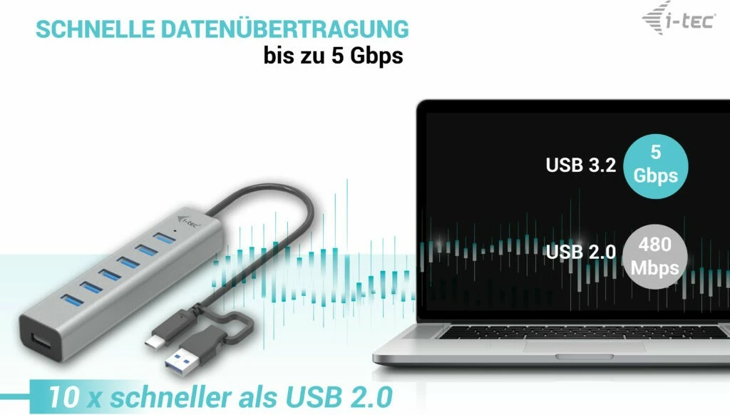 USB HUB I-Tec 7 porta, USB 3.2 Gen 1, 5000 Mbit/s, metalik, 0.3m, gri