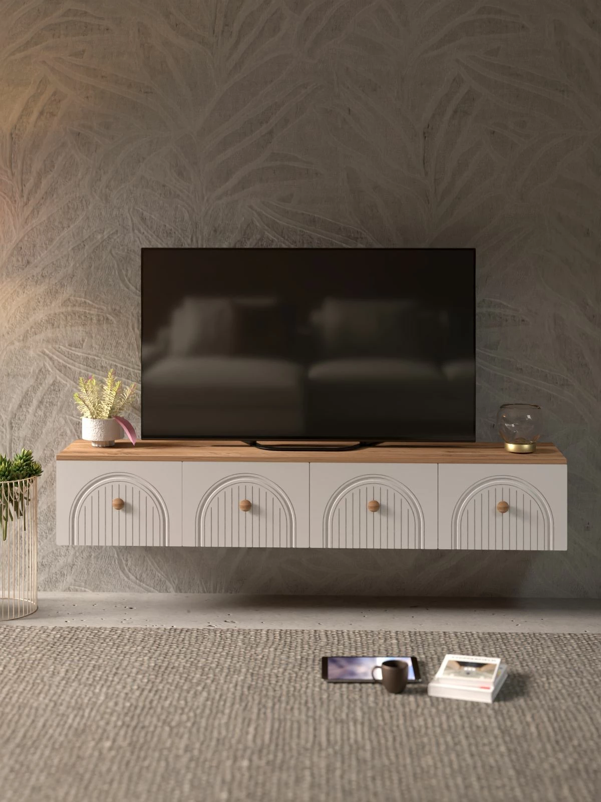 Komodë televizori Skye Decor, Lunera 180, ngjyrë pishë Atlantike dhe e bardhë