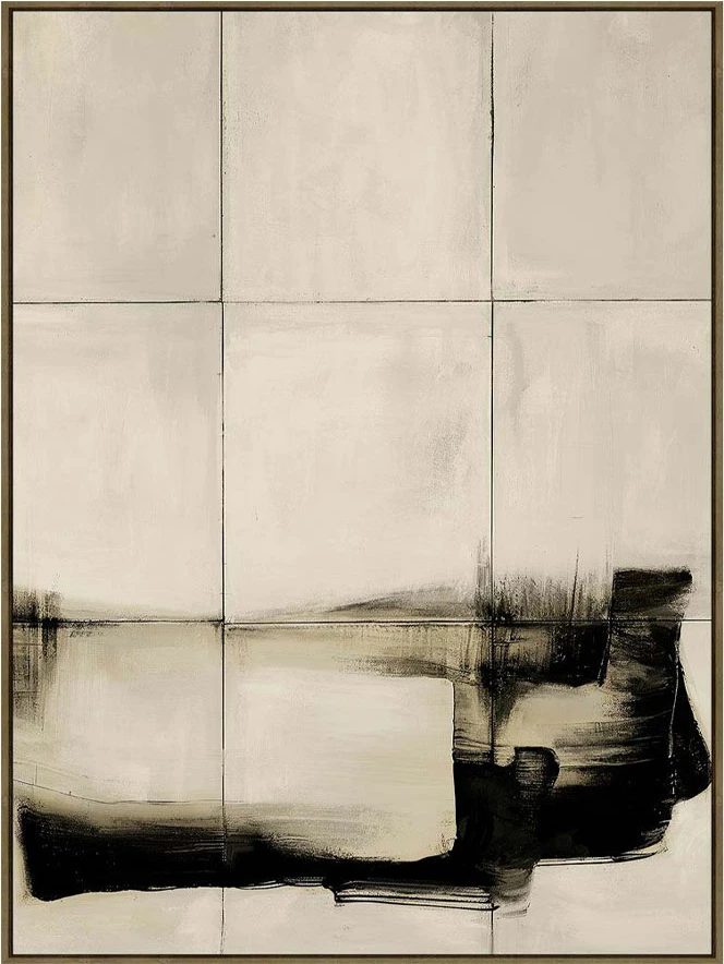 Pikturë dekorative abstrakte me kornizë, bezhë e zezë, 90x120x4 cm