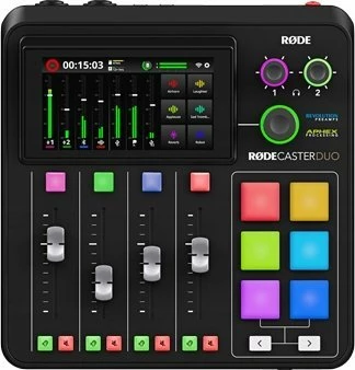 Konsolë prodhimi audio Rode RODECaster DUO, touchscreen, 4 faderë, microSD, 2.4 GHz wireless receiver, e zezë