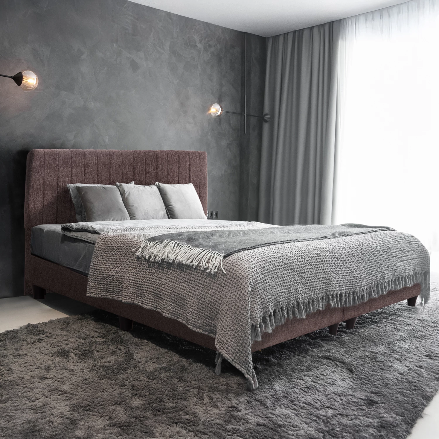 Krevat dopio HILDA, stof boucle ngjyrë kafe, FH717.02, për dyshek 160x200cm