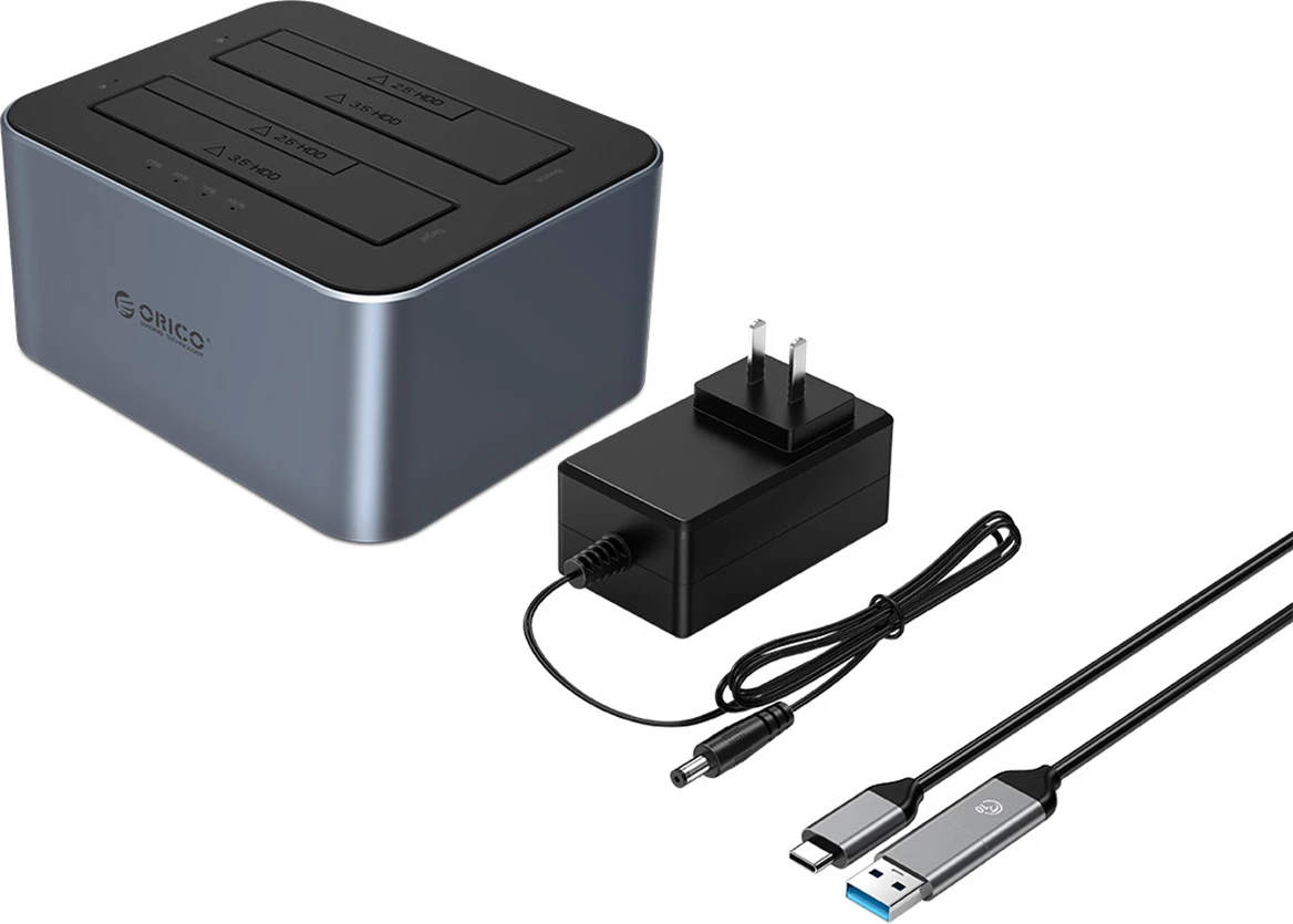 Stacion dokimi Orico 6626C3-C-V1 për 2 hard disqe, offline klonim, USB-C, Gri
