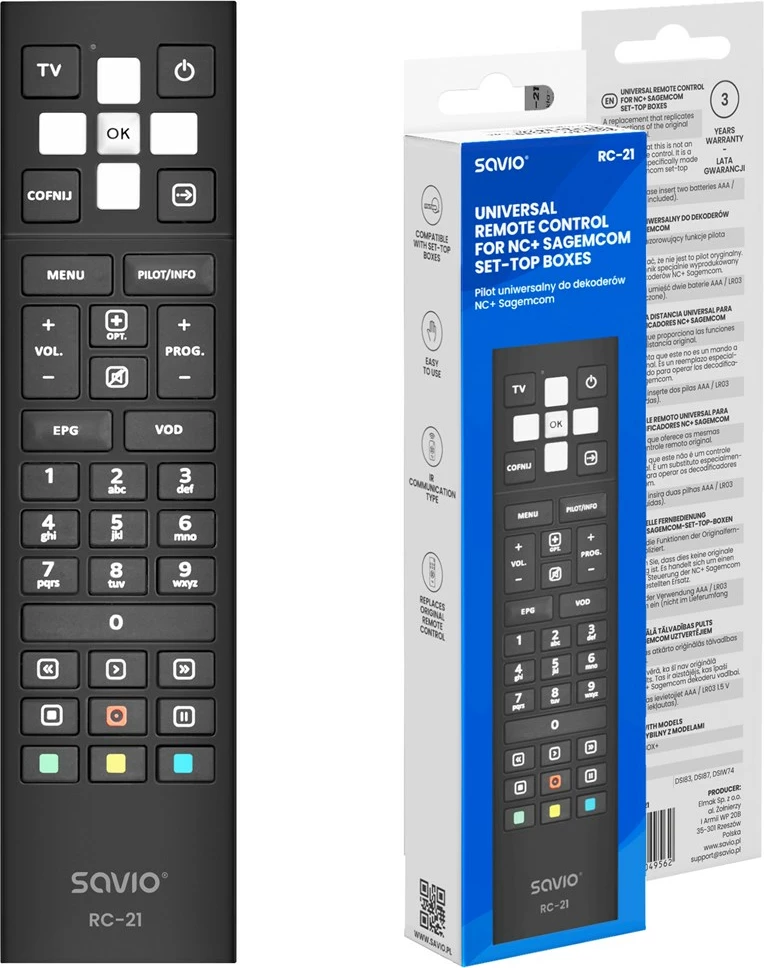 Telekomandë SAVIO RC-21 për TV dhe dekoder, e zezë