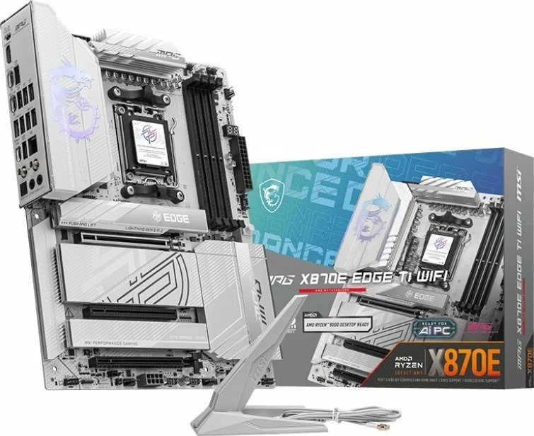 Pllakë amë MSI MPG X870E EDGE TI WIFI, ATX, DDR5, Wi‑Fi 7, PCIe 5.0, USB4, argjend-e bardhë