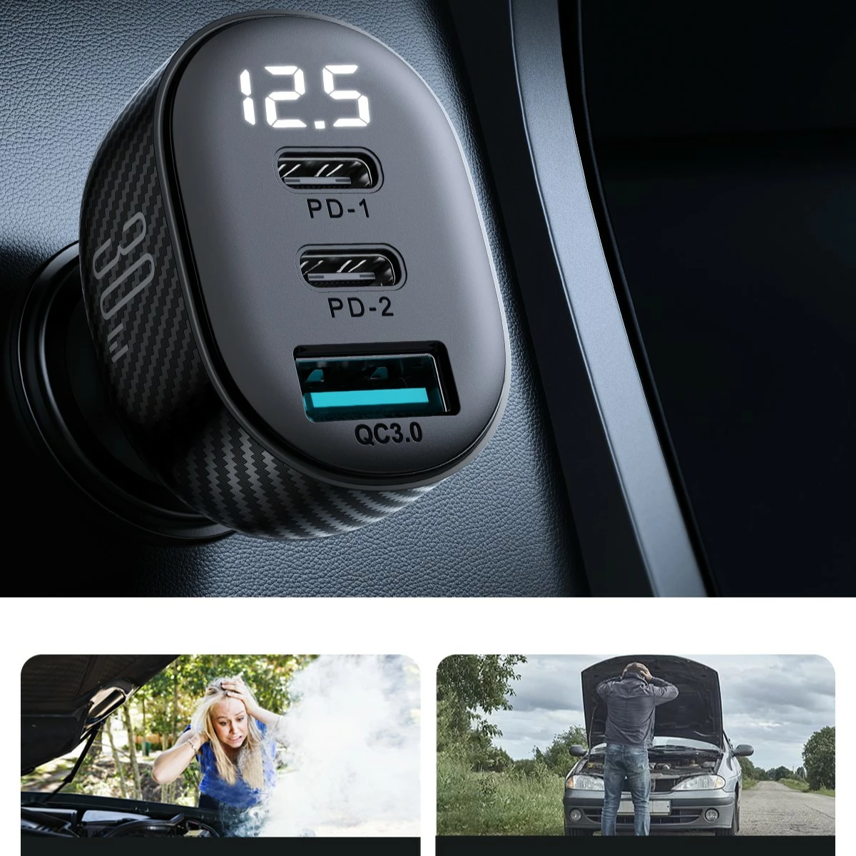 Karikues veture Joyroom JR-CCD04, 30W, 2x USB-C, USB-A, me ekran, i zi