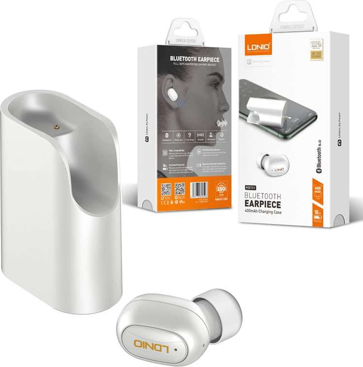 Kufje LDNIO MBT01 TWS Bluetooth 5.0 me kuti karikimi 400mAh, e bardhë
