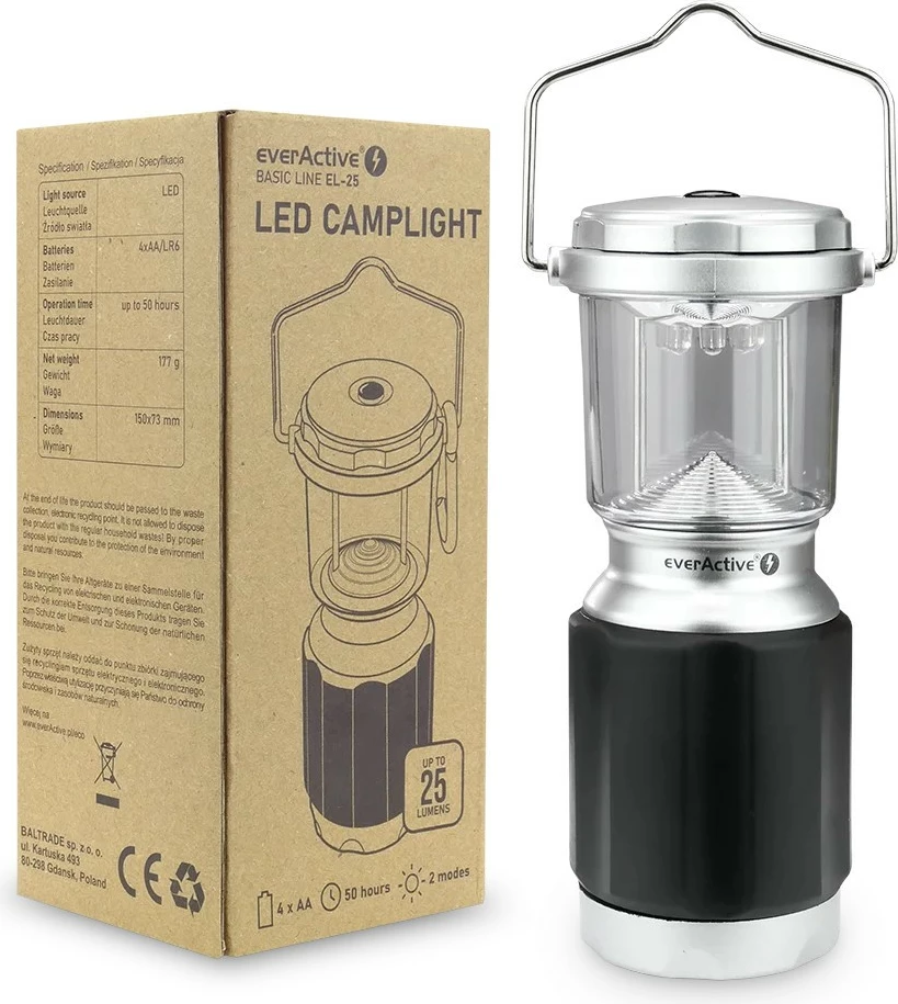 Fener kampingu, everActive EL-25, 25 lumens, 8 LED, deri 50 orë, 4x AA, e zezë