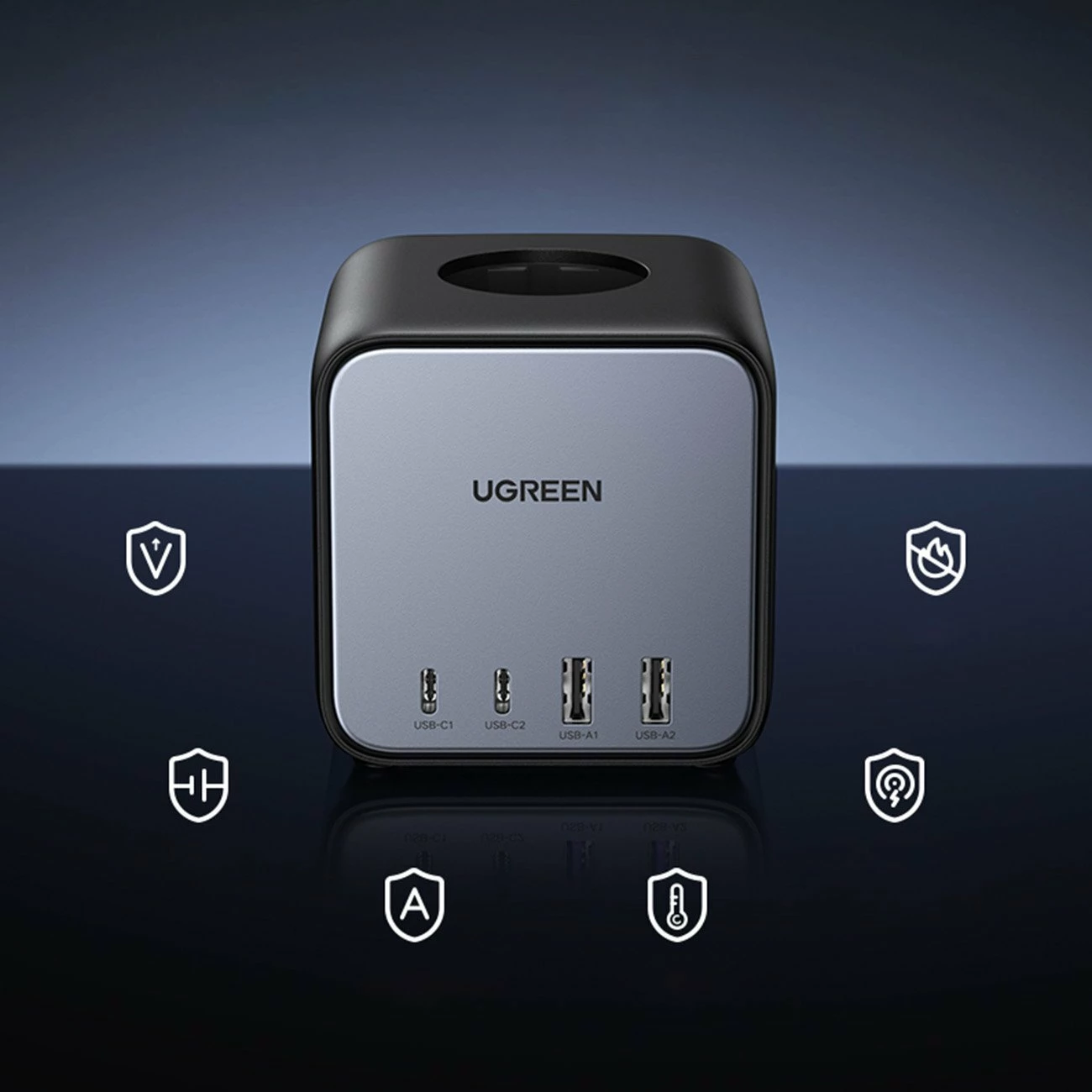 Zgjatues rryme Ugreen CD268 65W, 3 priza Schuko, 2x USB-C + 2x USB-A, kabllo 1.8 m, i zi (60113)