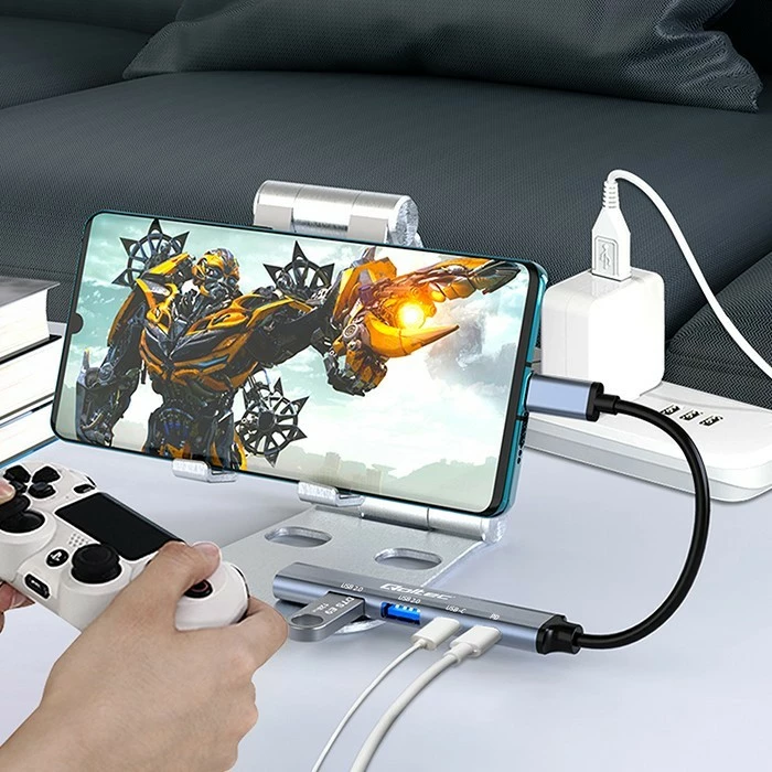 HUB USB-C Qoltec 53790, 5 porte, USB 3.0/2.0/USB-C/PD, grafit