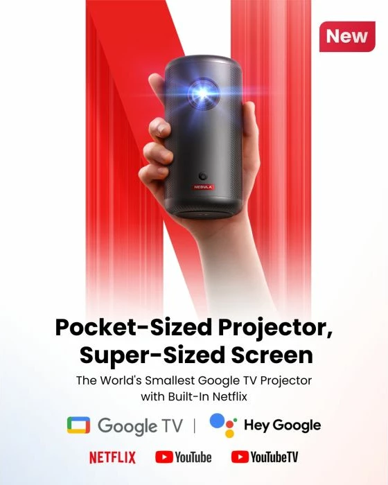 Projektor portativ Nebula Capsule 3 1080p, 200 ANSI lumens, Google TV/Netflix, deri 120\" ekran, 8W Dolby, bateri 2.5 orë, gri