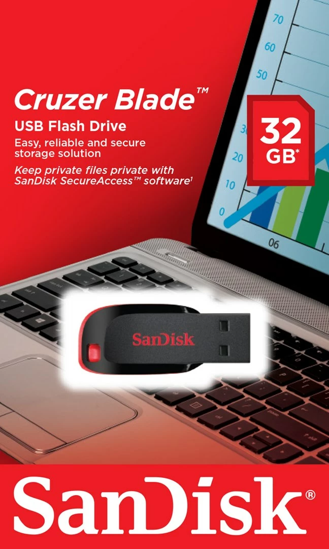 USB SanDisk Cruzer Blade, 32 GB, i zi, i kuq